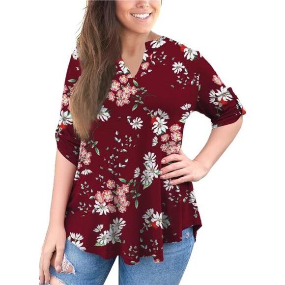 Plus Size 3/4 Sleeve V Neck Tunic Blouse for Women, Flowy High Low Hem, Comfy - Picture 2 of 4